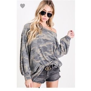 Brushed Camo Hacci Wide Neck Top Balloon Sleeves